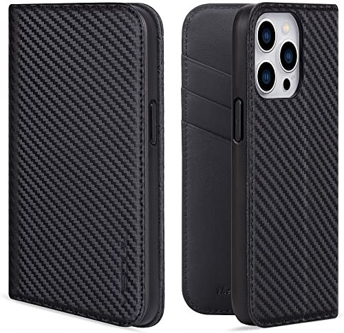 VISOUL iPhone 14 Pro Hülle, Handyhülle Carbon Leder RFID Schutz Schützt vor Stoß Standfunktion Kartenfach Magnet TPU Handytasche Schwarz T