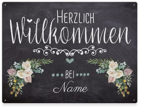 Haustürschild mit Name - Herzlich Willkommen bei - Metallschild mit Nachname personalisieren, Outdoorschild aus Aluminium | Wetterfest, Blumen-Motiv, 21x15 cm