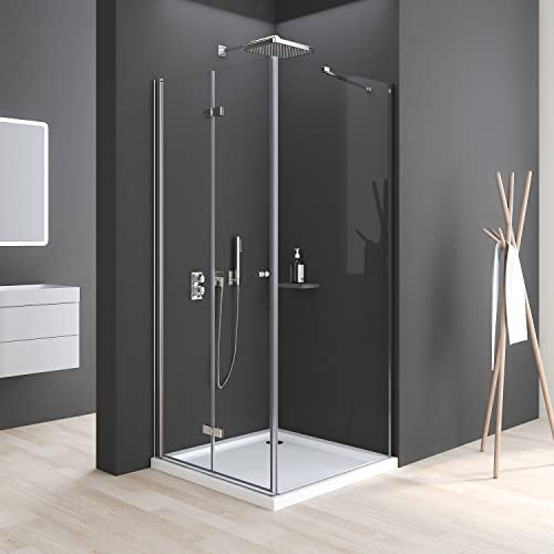 Duschkabine mit Verkürzter Seitenwand, Duschkabine 90x90x185cm Eckeinstieg mit Falttüren 6mm ESG Glas Duschabtrennung Eckdusche Eck-Duschkabine Drehtür Duschwand