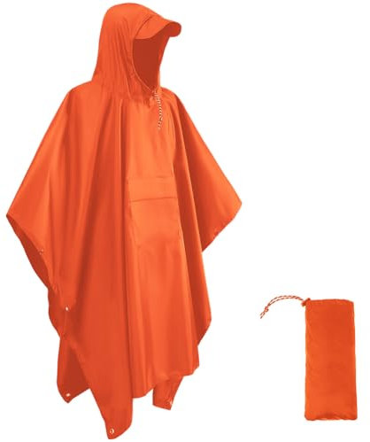 HYCOPROT Regenponcho Leichte Wasserdicht 210T Oxford Ripstop Wiederverwendbar Regencape, Regenponcho mit Brusttasche 3 in 1 Multifunktionaler Regenmantel für Jagd, Trekking, Camping, Angeln (Orange)