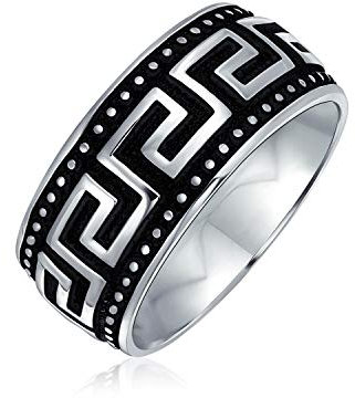Bling Jewelry Personalisierte Paare Geometrische Ancient Fret Griechische Schlüssel Design Texturierte Mantelringe Ring Für Männer Schwarz Silber Zwei-Ton .925 Sterlingsilber 9MM Wide Customizable