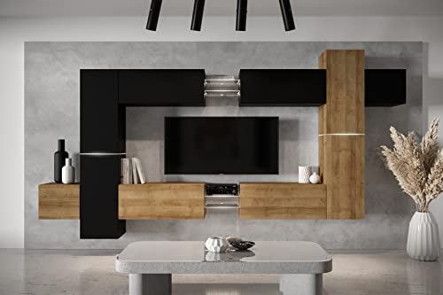 Furnitech Wohnwand Wohnzimmer - Wohnzimmer Möbel mit LED RGB - 16 Farben - Hängend Wohnwand Modern - Wohnzimmer Schrankwand mit Regale und TV Schrank (AN91NEW-21BDZ-M9 MATT)