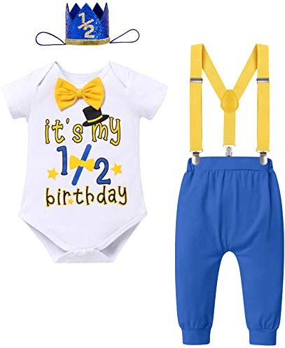 Half Birthday Baby Boy Set - Bow Tie Bodysuit Romper +Long Pants + Y-back suspender+1/2 Birthday Hat Gentleman Clothes 6 Months Birthday Smash Cake Photoshoot Outfit Royal Blue-pants 6 Months