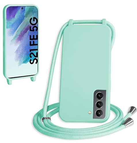 WenBaby Coque avec Cordon pour Samsung Galaxy S21 FE,Collier pour Étui bandoulière Colliers de cellulaire Mince Antichoc Réglable Lanyard Silicone Case,Vert Clair