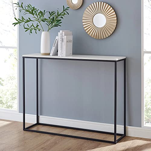 URBNLIVING 2-Tier Console Table, Industrial Sofa Table With Metal Frame, Side Table for Home, Office, Small Spaces, Hallway, Entrance Way (Faux White Marble and Black Legs)