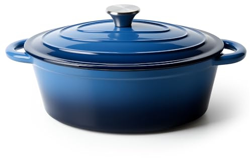 Ovaler Dutch Oven zum Brotbacken, 4,5 Quart Antihaft-Emaillierter Gusseisen-Dutch Oven Topf mit Deckel, ofenfest, ovale Kasserolle mit Deckel bis 260 °C zum Backen, Schmoren, Eintöpfe, Braten (blau)