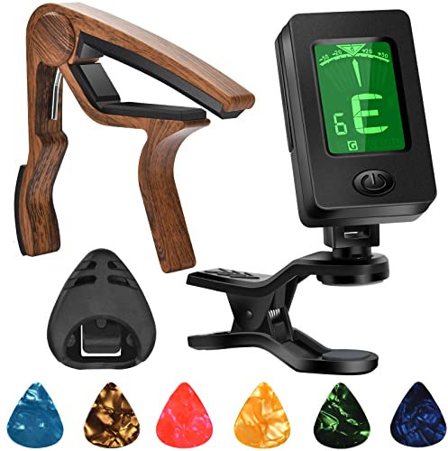 Gitarre Capo, Gitarre Plektrum, Gitarre Zubehör mit Stimmgerät Gitarre, Kapodaster für Gitarre, Bass, Bruzzfrei, Quick Release, Gitarre Tuner Clip für Gitarre, Violine, Bass, Ukulele Chromatisch
