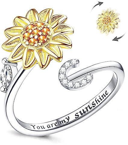 Fidget Ring Für Frauen, Kucheed Sonnenblume, Größenverstellbarer Spinner-Ring, Silber Stapelbar Anti-Stress-Buchstabe Fingerkreis, Graviert 'You Are My Sunshine' Im Inneren Des Schmucks(C)