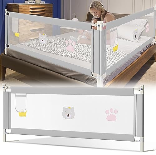 Jopassy Bettgitter 180cm, Höhenverstellbar 70-98 cm Rausfallschutz Bett für Kinder Mit Muster, Babybettgitter für Kleinkinder, Bed Rail stabile Bauweise, Kinderbettgitter mit luftiges Netz, Grau