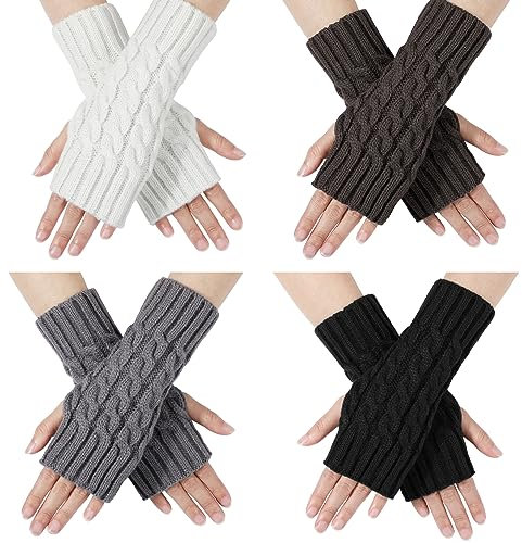 TAGVO Damen Winter Fingerlose Armstulpen, 4 Paar Halb Fingerlose Handschuhe, Häkeln Stricken Pulswärmer, Kurze Elastische Halbfinger Handschuhe Fingerlose Handwärmer Sporthandschuhe Mädche