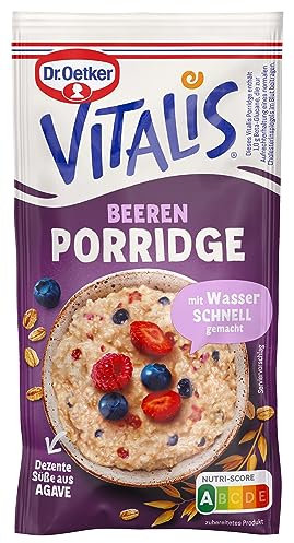 Dr. Oetker Vitalis Porridge Beeren, 15er Pack, 15 x 53 g, Mischung für Haferbrei mit roten Früchten, schnell & einfach zubereitet, dezente Süße aus Agave, Idee fürs Frühstück