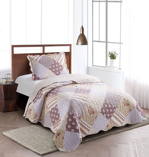 Brilliant Sunshine Pink Rosette und Streifen Patchwork, 2-teiliges Bettwäsche-Set mit 1 Kissenbezug, wendbare Tagesdecke, weicher, leichter Bezug, für alle Jahreszeiten, Twin, Rose