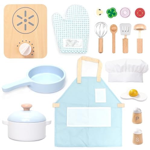 umu® Kit de cuisine en bois pour enfant avec vaisselle, casseroles et poêles, tablier, nourriture et plus encore, accessoires de cuisine pour enfants à partir de 2, 3, 4, 5 ans