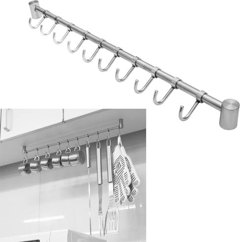 Schürberg Hakenleiste 5 Haken - 36cm Länge Küchenschiene Kleiderhaken Hängeleiste Tassenhalter Küchenreling unterbau oder Wandmontage | 5 Modelle 36-52cm mit 5-10 Haken (10 Haken - Länge: 52cm)