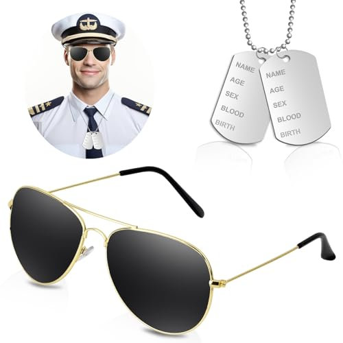 Johiux Karneval Kostüm Herren Brillen für Männer,Top Gun Kostüm Piloten Kostüm Damen und Herren fliegerbrille und militär kette Metall Hundemarke für Mardi Gras Party Dekoration.