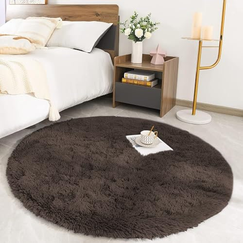 MOONLIGHT20015 Round Rugs Living Room – Fluffy Shaggy Brown Area Rugs for Bedroom 120x120cm Anti Slip – Modern Super Soft Thick Pile Plush Carpet Non Shedding Easy To Clean Rug