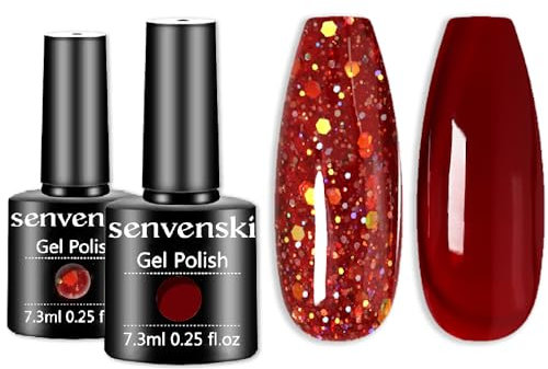 Senvenski Rot Gelee Gel Nagellack, Rot Gold Glitzer Nagellack, Maroon Cerise Durchsichtig Kristall Kit Art Varnish Gift Set UV LED (CS2-015)