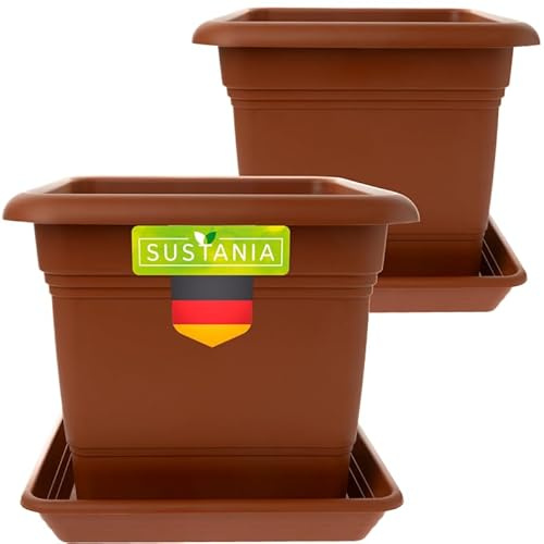 SUSTANIA Pflanzkübel Eckig 28x28 Terracotta 2er Set - Robuster Blumentopf Groß, Übertopf Ideal für Tomatenpflanzen, Eckige Pflanztöpfe Kunststoff für Garten & Balkon