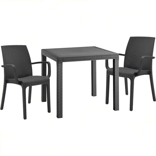 Sicignano | Set 3 Pezzi, 2 Sedie con Braccioli + 1 Tavolo Quadrato Rattan - Impilabile, Resistente agli UV, Arredo Interno Esterno Bar Pub Giardino Terrazzo, Made in Italy (Antracite)