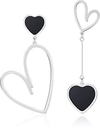 Linawe Silver Heart Dangle Earrings for Women, Black Drop Earrings Dangling, Titanium Surgical Steel Hypoallergenic Cute Love Earrings, Asymmetrical Mismatched Heart Jewellery