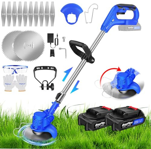 21V Cordless Strimmer, Garden Strimmer Cordless with 2 x 1.5Ah Battery and Charger, Grass Strimmer Set with Height Adjustable, Cutting Speed 10000 RPM, Lightweight Power Tool for Lawn Yard Work, Blue