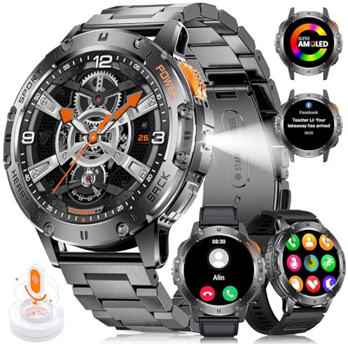 LIGE Smartwatch Herren mit LED-Taschenlampe,1.43‘’ AMOLED Touchscreen,530mah Armbanduhr Herren mit 120 Sportmodi Aktivitätstracker,Herzfrequenz/Blutdruck/Schlafmonitor 5ATM Wasserdicht 3 bänder