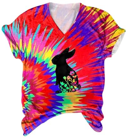 HOOUDO Tages Angebote Sale Swirl Rainbow Tie Dye Bunny Print V-Ausschnitt Kurzarm Unterhemd Damen Langarm Damen Kleider Sommer Elegant Oberteil Damen Enganliegend Top Mit F Sale Angebote Bestellung