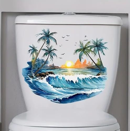 Summer Vibes Coconut Tree Sunset Toilet Cover Sticker Decals Waterproof Toilet Lid Tank Seat Decals Cistern Self-Adhesive Bathroom Wall Sticker