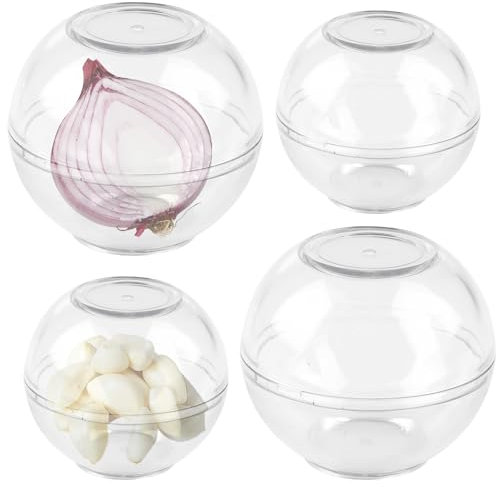 BAIFULAI 4 recipientes para cebollas, bolas de conservación de ajos y cebollas, frigorífico, plástico, 7 y 9 cm de diámetro, transparente, almacenamiento de ajos y cebollas