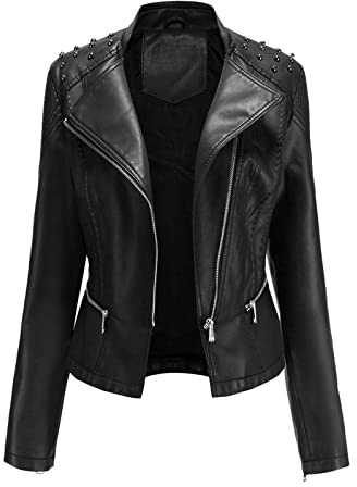 Beokeuioe Bikerjacke mit Reißverschluss, Kunstlederjacke Damen, Lederjacke mit Nieten, Reverskragen dünne Jacke Frühling Winter Motorradjacke Punk Motorradjacke Rock Pilotenjacke