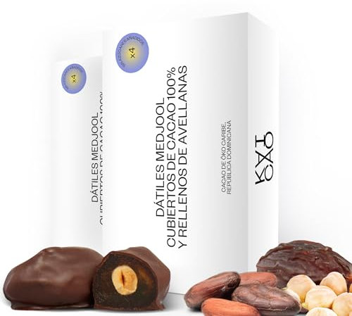 Kaicao Dátiles Medjool - Rellenos de Avellanas Tostadas, Cubiertos de Chocolate Negro 100% Cacao Origen Oko, República Dominicana - Sin Azúcar Añadida - Snack Saludable - Dátil - Pack de 8 dátiles