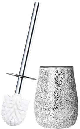 Escenzy Modern Toilet Brush and Holder Set Mosaic Glass | Non-Rustic Stainless Steel | Practical & Decorative Toilet Bowl Brush and Holder | Luxury Silver Glitter Bathroom Accessories