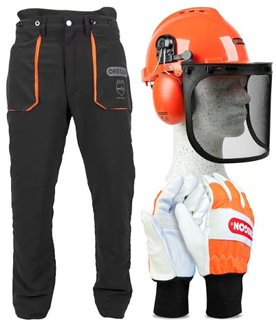 Oregon Yukon Casco di Sicurezza con Cuffie Antirumore e Visiera in Rete + Oregon Guanti Protettivi Multiuso per la Mano Sinistra Grandi (taglia 10) + Oregon Yukon Pantaloni Taglia 2XL
