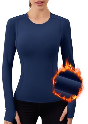 IECCP Damen Langarmshirt Sport Oberteil für Damen Tshirt Rundhals zum Laufen Schnell Trocknend Laufshirt Thermo Tshirt Lang mit Daumenlöcher leicht Winter Marineblau L