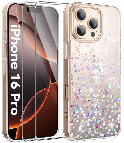 ivencase Clear Glitter Case Compatible with iPhone 16 Pro Case with 2 Screen Protector, TPU Silicone Sparkly Bling Star Soft Cover Flexible Transparent Shockproof Cover iPhone 16 Pro