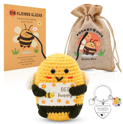 Positive Biene Deutsch mit Schlüsselanhänger - Niedliche Häkelbiene für Glück, Pocket Hug Glücksbringer mit Umarmung - Geschenk für Einschulung und Schulkind Abschied
