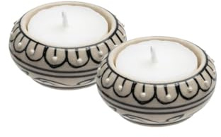 2er Set Teelichthalter Traditional aus Steinzeug handgestempelt beige-schwarz mit Zweigmuster, 5,5 x 5,5 x 2,5 cm