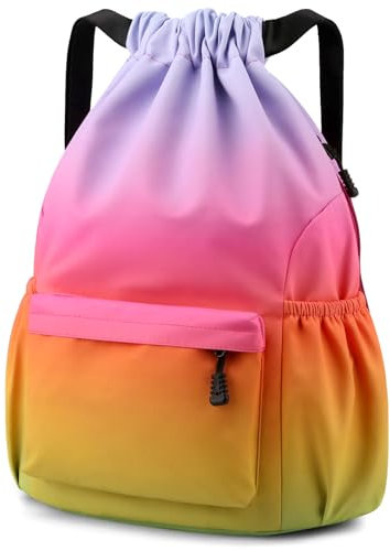Eucomir Sac à Dos à Cordon, Sac à Cordon Imperméable Large Bandoulière Sacs de Sport à Cordon Sac de Gym Avec Poche Intérieure Et Poche De Sécurité avec Poche Avant Et Arrière Zippée,Dégradé Couleurs
