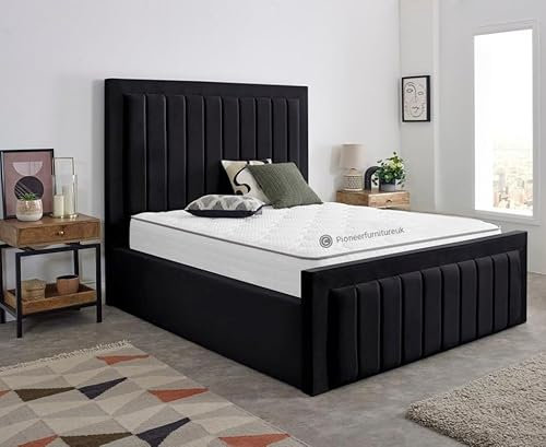 PioneerfurnitureUK Velvet black Ottoman Storage Bed (Gas Lift), Black Plush Velvet Bed -ottoman bed frame, 4ft6 double 3ft single 5ft king (4ft6 Double)