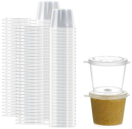 CaterCo 200 Pack 1oz Hinged Plastic Sauce Pots - Clear Deli Portion Pots with Lids for Sauces, Ketchup Containers, Dips, Takeaways, Restaurant, Recyclable Portion, BPA-Free, Leakproof (1oz - 200 Pack)