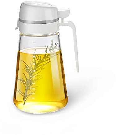 EssQuintorial Auto Flip Olive Oil Dispenser,Oil Bottles for Kitchen,Sauce Dispenser with Scale,Glass Bottles for Soy Sauce- Auto Flip,Non Drip (650ML/22OZ)