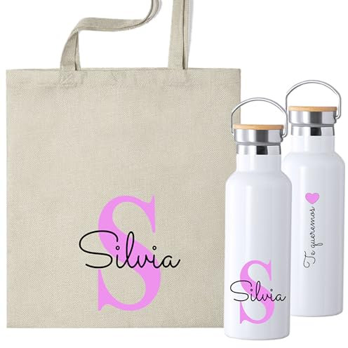 Pack Personalizado de Botella Térmica 500ml y Bolsa de Tela, Diseño con Inicial, Nombre y dedicatoria en la Botella Personalizada (FUCSIA)