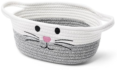 Calkkrer Grau Geflochtener Baumwollseil-Korb mit Griff, Niedlicher Aufbewahrungskorb für Kinderzimmer, Geschenkkorb, Spielzeug-Aufbewahrung für Hunde und Katzen