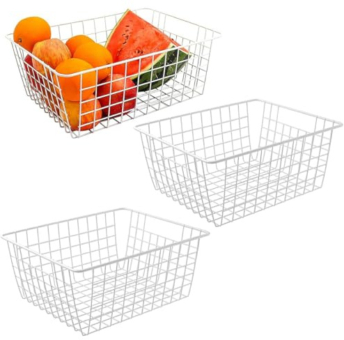 WYIPOLZI 3PCS Large Wire Storage Baskets, Chest Freezer Storage Baskets, Chest Freezer Organiser, Metal Basket for Pantry Cabinet, White