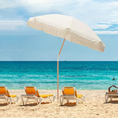 Parasol Boho de 2 m avec Franges, Parasol de Plage Blanc inclinable, Parasol de Protection pour Patio, Parasol de Jardin étanche à 8 Baleines Robustes pour terrasse, Jardin, Piscine