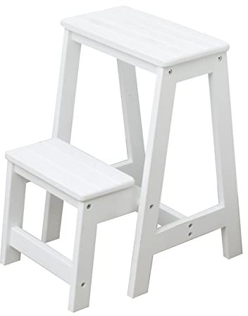 Scaletta in Legno per Uso Domestico, Sgabello Pieghevole in Legno a 2 gradini, Sedia Multifunzione per la Cucina, Scala di Sicurezza Antiscivolo per Interni ed Esterni, capacità 150 kg, Bianco