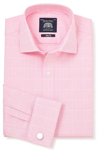 THE SAVILE ROW COMPANY LONDON Men's Slim Fit Cotton Poplin Long Sleeve Formal Shirt - Double Cuff - Pink White Prince of Wales Check - 15.5 Collar - Standard