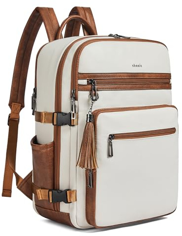 Shrrie Laptop Backpack for Women,Vegan Leather Backpack Work Computer Backpacks fits 16 Laptop,Water Resistant Teacher Nurse Casual Daypack for Weekender Camping Travel,Beige with Brown