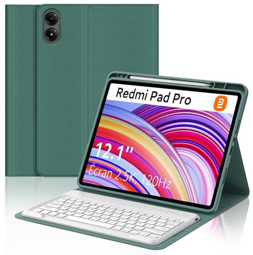 IVEOPPE Clavier pour Redmi Pad Pro 12.1/Xiaomi Poco Pad 2024, AZERTY Français Keyboard Coque, Étui Clavier Détachable Bluetooth pour Redmi Pad Pro 12.1 Pouces 2024, Vert foncé
