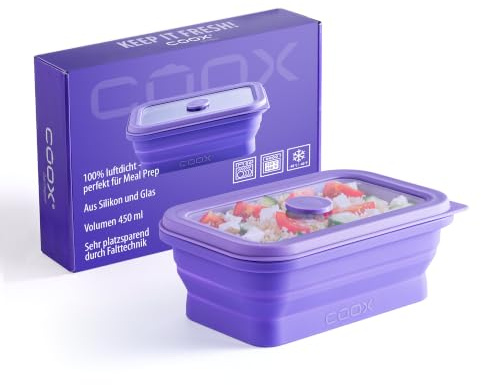 coox Faltdose 450 ml – faltbare, luftdichte Silikon-Frischhaltedose mit Glasdeckel & Glasboden – ofen-, mikrowellen-, gefrier- & spülmaschinengeeignet – Farbe Lila